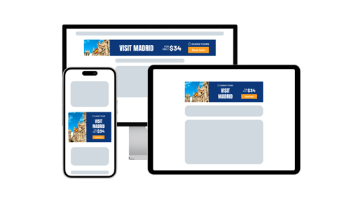 The same banner ad shown on a desktop monitor, a tablet and a phone